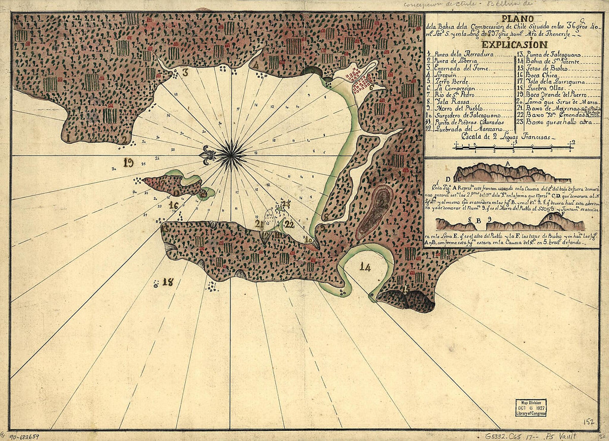 Plano De La Bahía De La Compcessión De Chile Situado En Los 36 Gros. 40 Ms. Latd. S. Y En La Longd. De 297 Gros. 40 Ms. Mro. De Thenerife 1700 by Relic Map Company