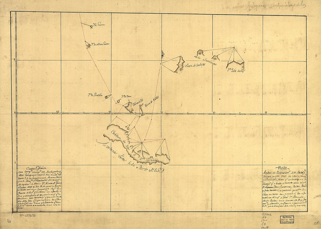 This old map of Carta Esférica Que Compde. Una Pte. Del Archipielago De Los Galapagos Desde 1⁰ 35 Ms. De Latd. Sept. Hasta 1⁰ De La Meridional Reconocidos Por La Fragta. Sta. Gertrudiz Del Man? Del Capitan De Navio. Dn. Alonso De Torres Y Guerra Des