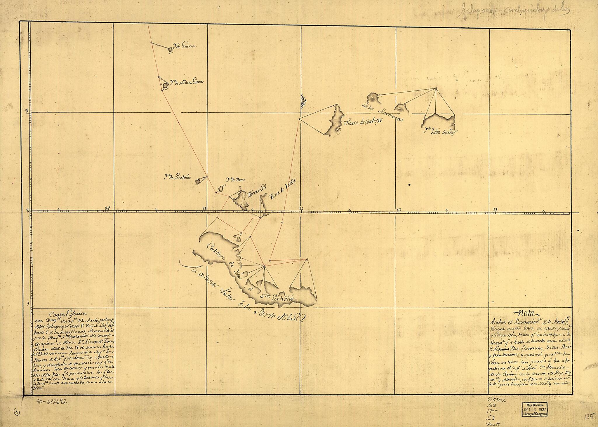 This old map of Carta Esférica Que Compde. Una Pte. Del Archipielago De Los Galapagos Desde 1⁰ 35 Ms. De Latd. Sept. Hasta 1⁰ De La Meridional Reconocidos Por La Fragta. Sta. Gertrudiz Del Man? Del Capitan De Navio. Dn. Alonso De Torres Y Guerra Des