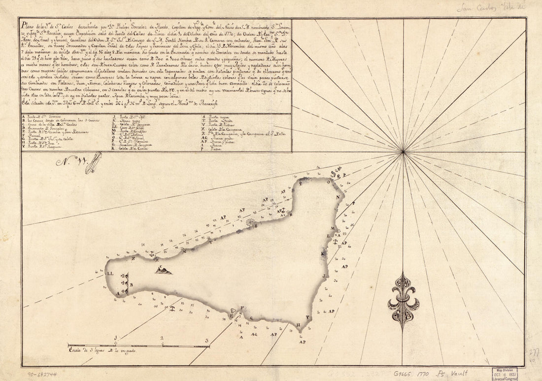This old map of Plano De La Ya. De Sn. Carlos Descubierta Por Dn. Phelipe Gonzalez De Haedo, Capitan De Fragta. Y Comte. Del Navio. De S.M. Nombrado Sn. Lorenzo Y Frgta. Sta. Rosalia, Acuya Expedición Salio Del Puerto Del Callao De Lima El Dia 10 De Oct