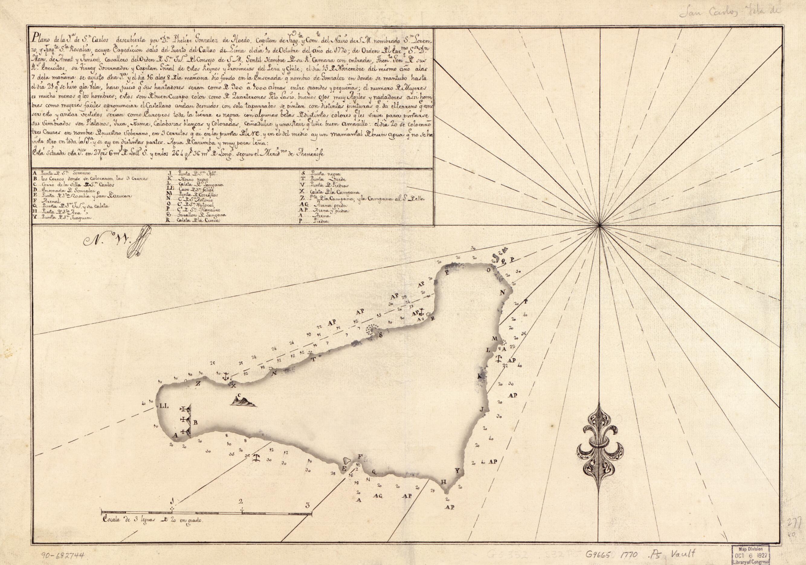 This old map of Plano De La Ya. De Sn. Carlos Descubierta Por Dn. Phelipe Gonzalez De Haedo, Capitan De Fragta. Y Comte. Del Navio. De S.M. Nombrado Sn. Lorenzo Y Frgta. Sta. Rosalia, Acuya Expedición Salio Del Puerto Del Callao De Lima El Dia 10 De Oct