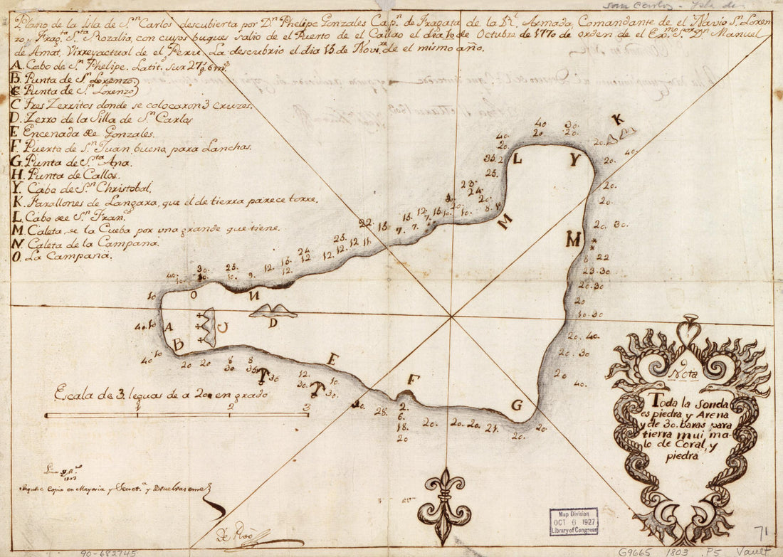This old map of Plano De La Isla De Sn. Carlos Descubierta Por Dn. Phelipe Gonzales, Capn. De Fragata De La Rl. Armada, Comandante De El Navio. Sn. Lorenzo, Fragta. Sta. Rozalia, Con Cuyos Bugues Salio De El Puerto De El Callao De Dia 10 De Octubre De 17