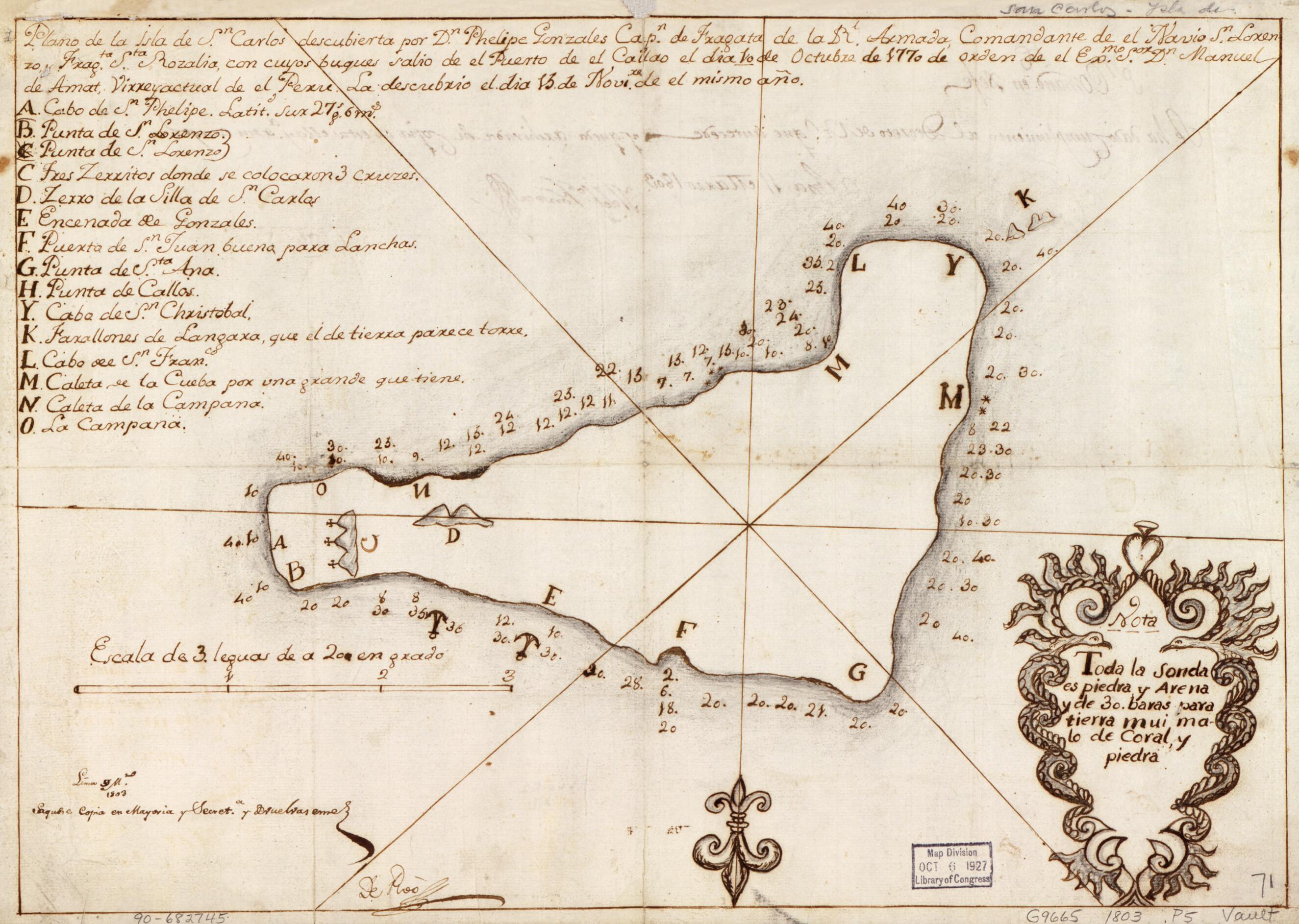 This old map of Plano De La Isla De Sn. Carlos Descubierta Por Dn. Phelipe Gonzales, Capn. De Fragata De La Rl. Armada, Comandante De El Navio. Sn. Lorenzo, Fragta. Sta. Rozalia, Con Cuyos Bugues Salio De El Puerto De El Callao De Dia 10 De Octubre De 17