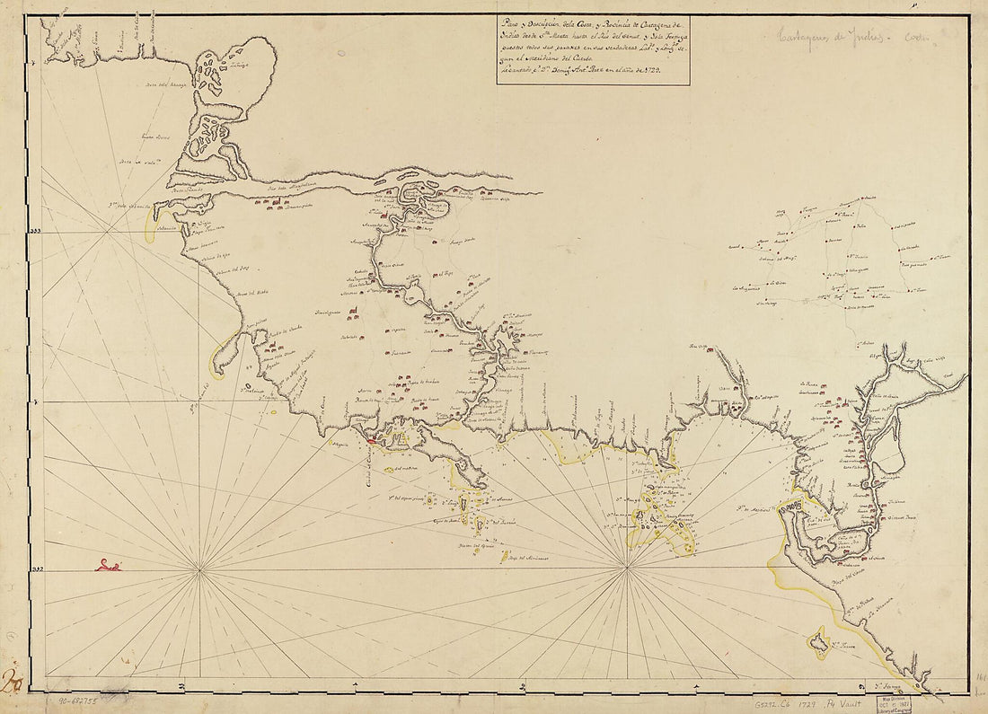 This old map of Plano Y Descripción De La Costa Y Provincia De Cartagena De Yndias Desde Sta. Marta Hasta El Río Del Senut Y Ysla Tortuga Puestos Todos Sus Paraxes En Sus Verdaderas Latds. Y Longds. Segun El Meridiano Del Cuerbo from 1729 was created b