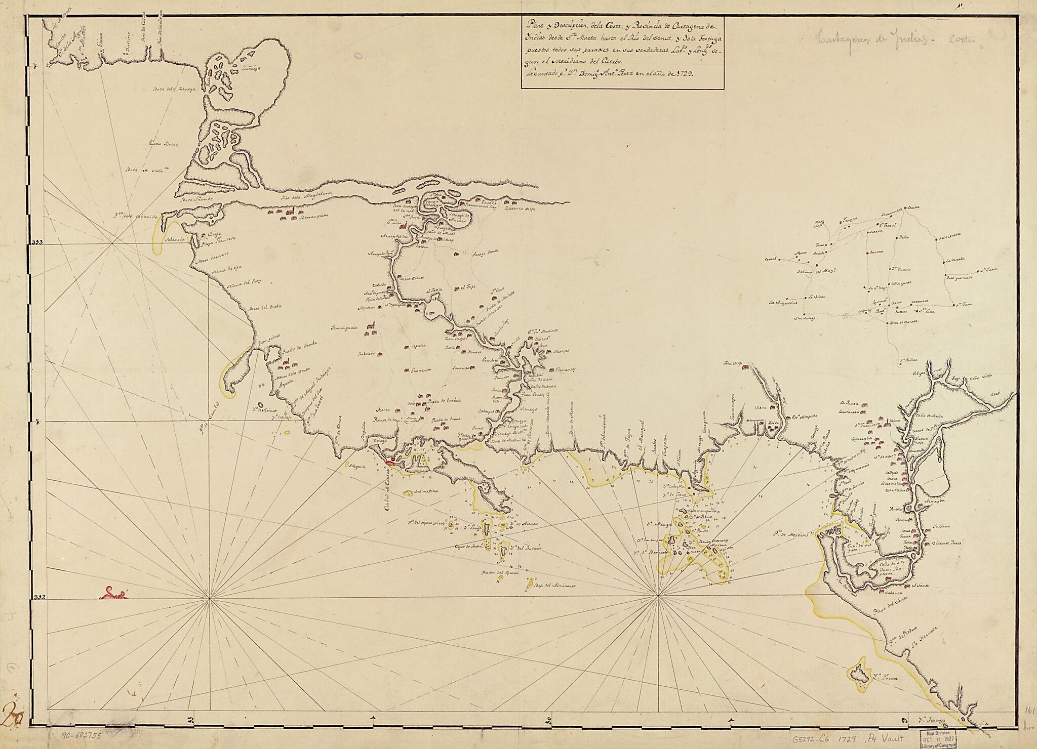 This old map of Plano Y Descripción De La Costa Y Provincia De Cartagena De Yndias Desde Sta. Marta Hasta El Río Del Senut Y Ysla Tortuga Puestos Todos Sus Paraxes En Sus Verdaderas Latds. Y Longds. Segun El Meridiano Del Cuerbo from 1729 was created b