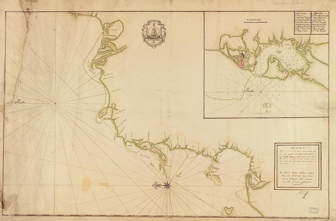 This old map of Plano De La Costa De Tierra Firme Desde Santa Marta Asta La Punta De Piedra O Y Cacos Hecho Segun La Mejor Correción Hecha Asta El Año De 1755 Por El Piloto Del Jabege. De S.M. Nombrado El Casa Dor En Tres Años Que Hestubo Deguarda Cos