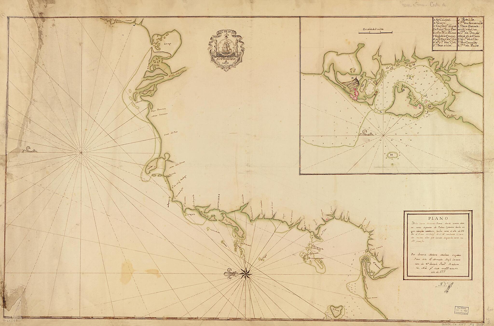 This old map of Plano De La Costa De Tierra Firme Desde Santa Marta Asta La Punta De Piedra O Y Cacos Hecho Segun La Mejor Correción Hecha Asta El Año De 1755 Por El Piloto Del Jabege. De S.M. Nombrado El Casa Dor En Tres Años Que Hestubo Deguarda Cos