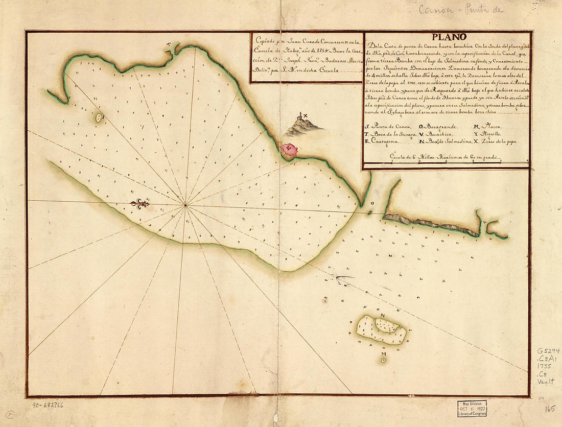 This old map of Plano De La Costa De Punta De Canoa Hasta Bocachica Con La Sonda Del Plazer Qe. Sale De Dha. Pta. De Cana., Hasta Bocagrande Y Con La Espezificación De La Canal, Que Forma Tierra Bomba Con El Bayo De Salmedina Su Fondo Y Conozimiento Por