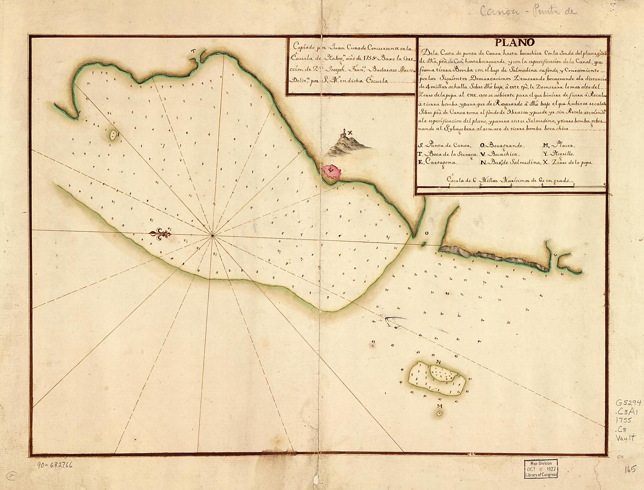 This old map of Plano De La Costa De Punta De Canoa Hasta Bocachica Con La Sonda Del Plazer Qe. Sale De Dha. Pta. De Cana., Hasta Bocagrande Y Con La Espezificación De La Canal, Que Forma Tierra Bomba Con El Bayo De Salmedina Su Fondo Y Conozimiento Por