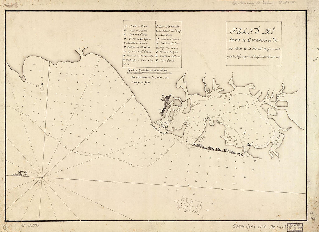 This old map of Plano Del Puerto De Cartaxena De Yndias Situado En La Latd. N. 10. Gros. 30. Mins. Y En La Longd. 300. Gros. 45. Mins. Segn. El Merido. De Tenerife from 1725 was created by in 1725