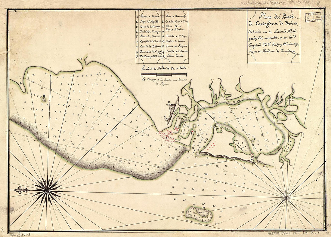 This old map of Plano Del Puerto De Cartagena De Yndias Situado En La Lattitud N. 10⁰ Grados 30ʹ Minutos Y En La Longitud 298⁰ Grados Y 15ʹ Minutos Segun El Meridiano De Tenerife from 1700 was created by in 1700