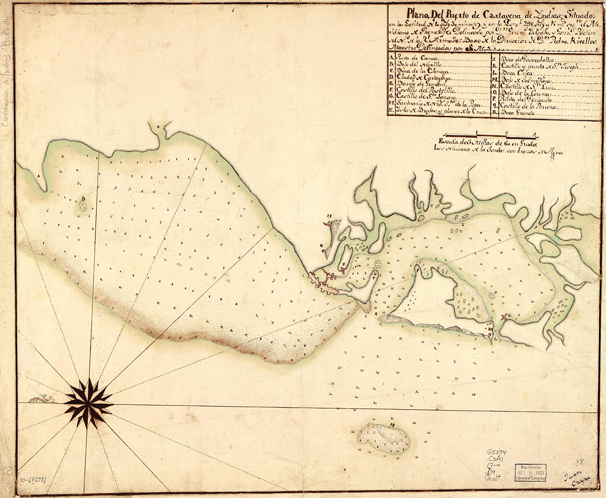 This old map of Plano Del Puerto De Cartagena De Yndias Situado En La Latitud N. 10 Gros 30 Minutos Y En La Longd. 298. Gros Y 15 Ms. Segn. El Meridiano De Thenerife from 1700 was created by GerĂ³nimo Delgado Y Gonzales in 1700