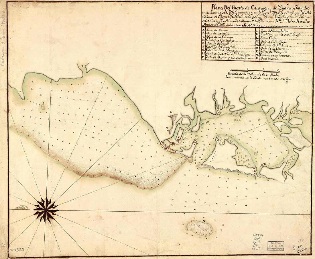 This old map of Plano Del Puerto De Cartagena De Yndias Situado En La Latitud N. 10 Gros 30 Minutos Y En La Longd. 298. Gros Y 15 Ms. Segn. El Meridiano De Thenerife from 1700 was created by Gerónimo Delgado Y Gonzales in 1700