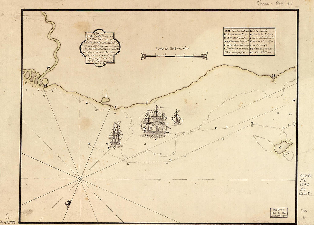 This old map of Plano De La Costa Osidental Del Río Del Sinú Hasta Ysla Fuerte Y Punta De Piedras Con Sus Plaseres Y Zondas Y Prespectiba Del Navio Onesto Perdido Y El Navio La Potensia Y Balandra Al Anclaecho from 1790 was created by Josef Boto in 179