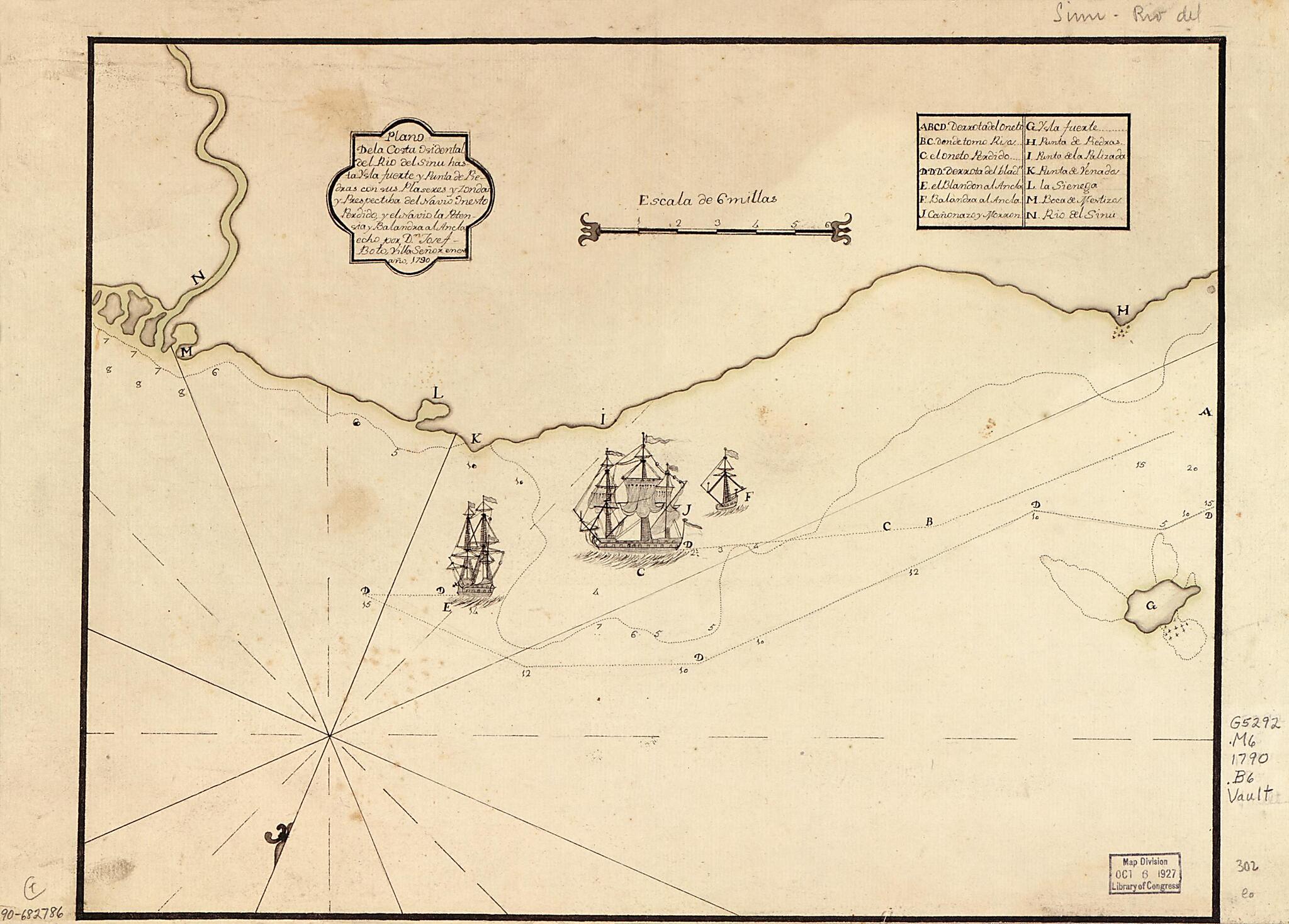 This old map of Plano De La Costa Osidental Del Río Del Sinú Hasta Ysla Fuerte Y Punta De Piedras Con Sus Plaseres Y Zondas Y Prespectiba Del Navio Onesto Perdido Y El Navio La Potensia Y Balandra Al Anclaecho from 1790 was created by Josef Boto in 179