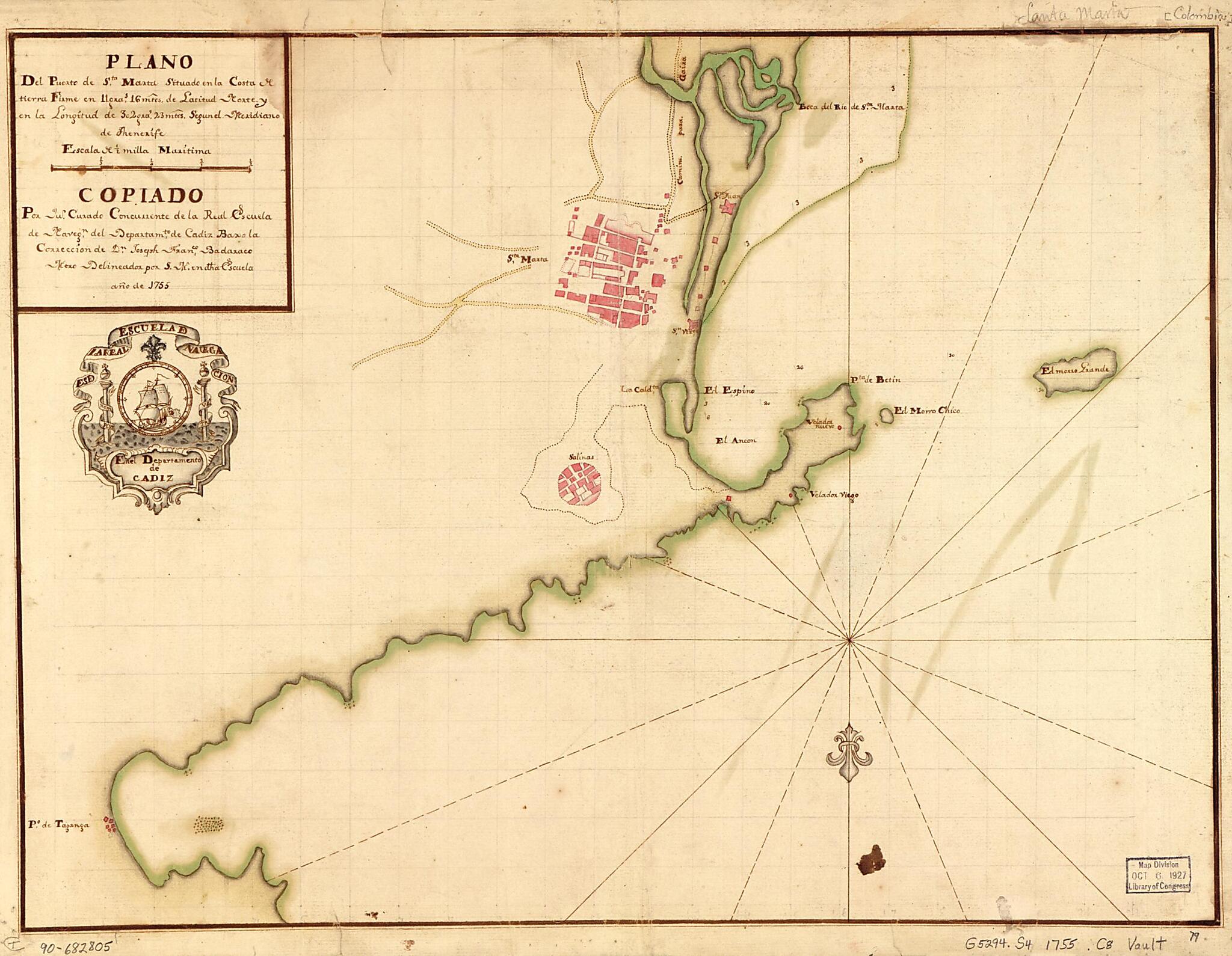 This old map of Plano Del Puerte De Sta. Marta Situado En La Costa De Tierra Firme En 11 Gras. 16 Mtos. De Latitud Norte Y En La Longitud De 302 Gras. 23 Mtos. Segun El Meridiano De Thenerife from 1755 was created by Juan Manuel Curado, Spain) Real Escue