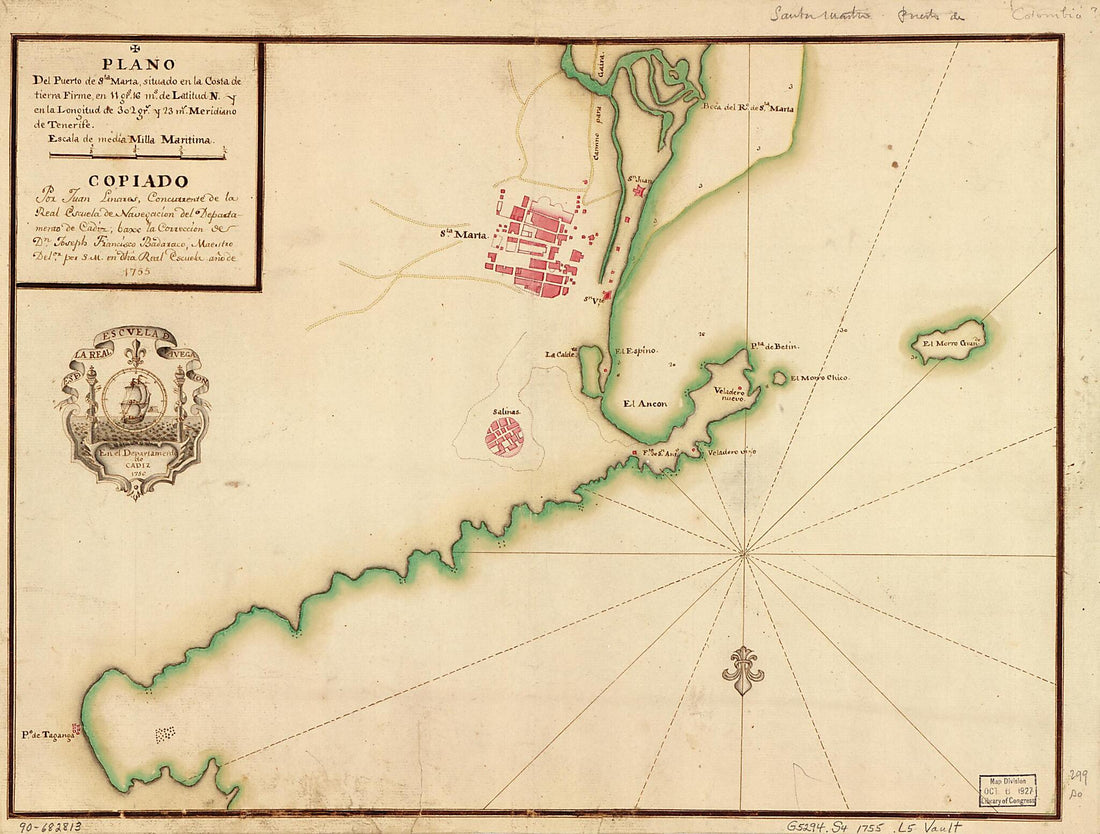 This old map of Plano Del Puerto De Sta. Marta Situado En La Costa De Tierra Firme En 11 Grs. 16 Ms. De Latitud N. Y En La Longitud De 302 Grs. Y 23 Ms., Meridiano De Tenerife from 1755 was created by Juan Linares, Spain) Real Escuela De Navegación (Cá