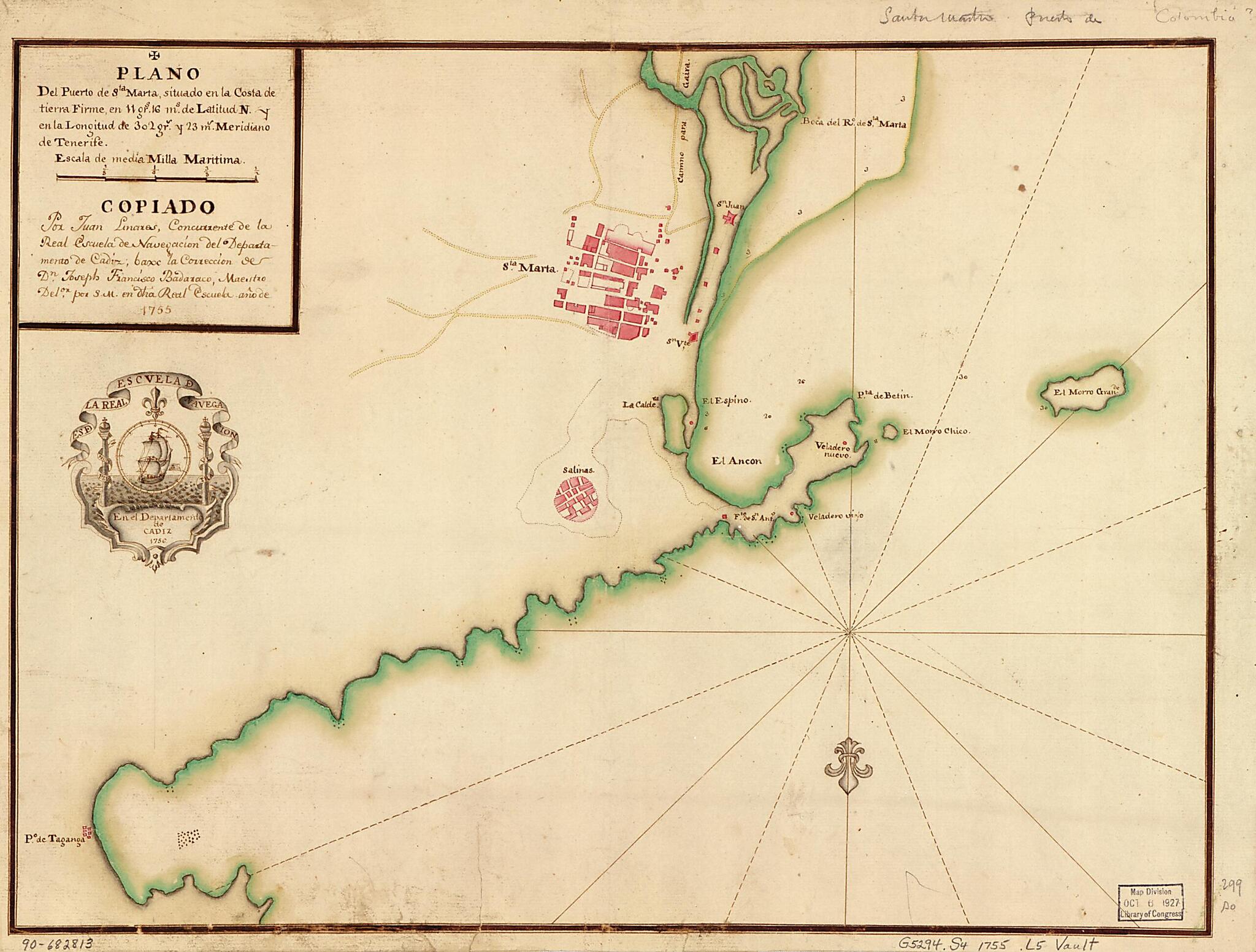 This old map of Plano Del Puerto De Sta. Marta Situado En La Costa De Tierra Firme En 11 Grs. 16 Ms. De Latitud N. Y En La Longitud De 302 Grs. Y 23 Ms., Meridiano De Tenerife from 1755 was created by Juan Linares, Spain) Real Escuela De Navegación (Cá