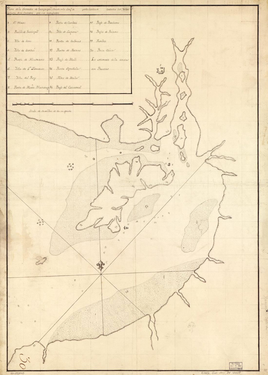 This old map of Plano De La Entrada De Guayaquil Situado En La Longd. De blank Y En La Latitude blank Contadas Las Yslas Y Costa De Su Contorno, Que Son Manglares from 1700 was created by in 1700