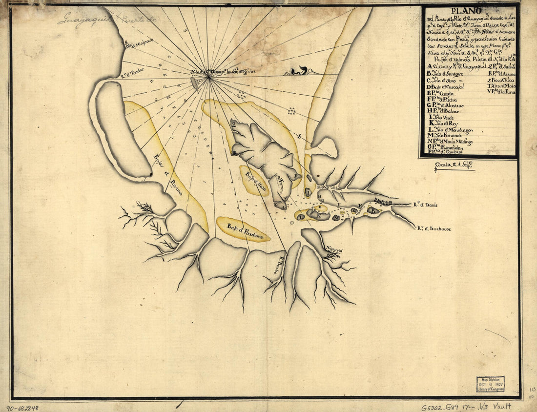 This old map of Plano Del Puerto Y Dl. Y Río D. Guayaquil Sacado a Lwz? Pr. El Capn. Y Piloto Dn. Juan D. Herue, Capn. Dl. Navio D. S Md., El Sr. Sn. Jph. Alias, El Peruano Sondado Con Proligd. Y Particular Cuidado Las Sondas Qe. Señala En Este Plano P