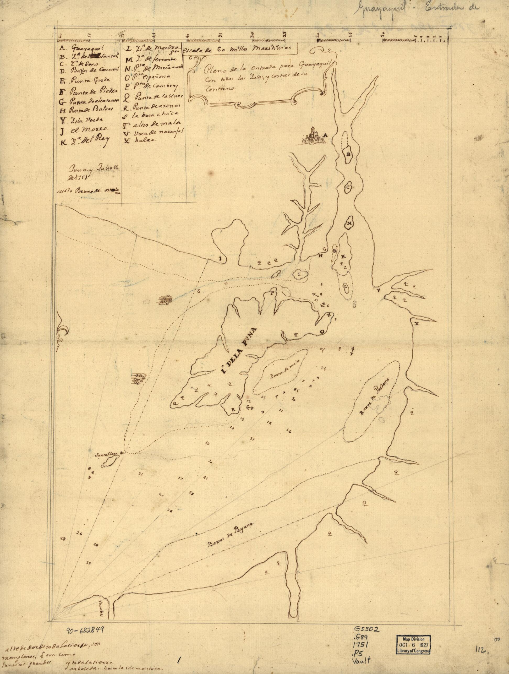 This old map of Plano De La Entrada Para Guayaquil Con Todas Las Yslas Y Costas De Su Contorno from 1751 was created by in 1751