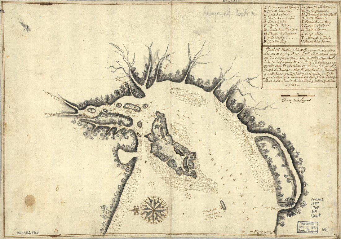 This old map of Plano Del Puerto Y Río De Guayaquil from 1768 was created by Juan De Hervé in 1768