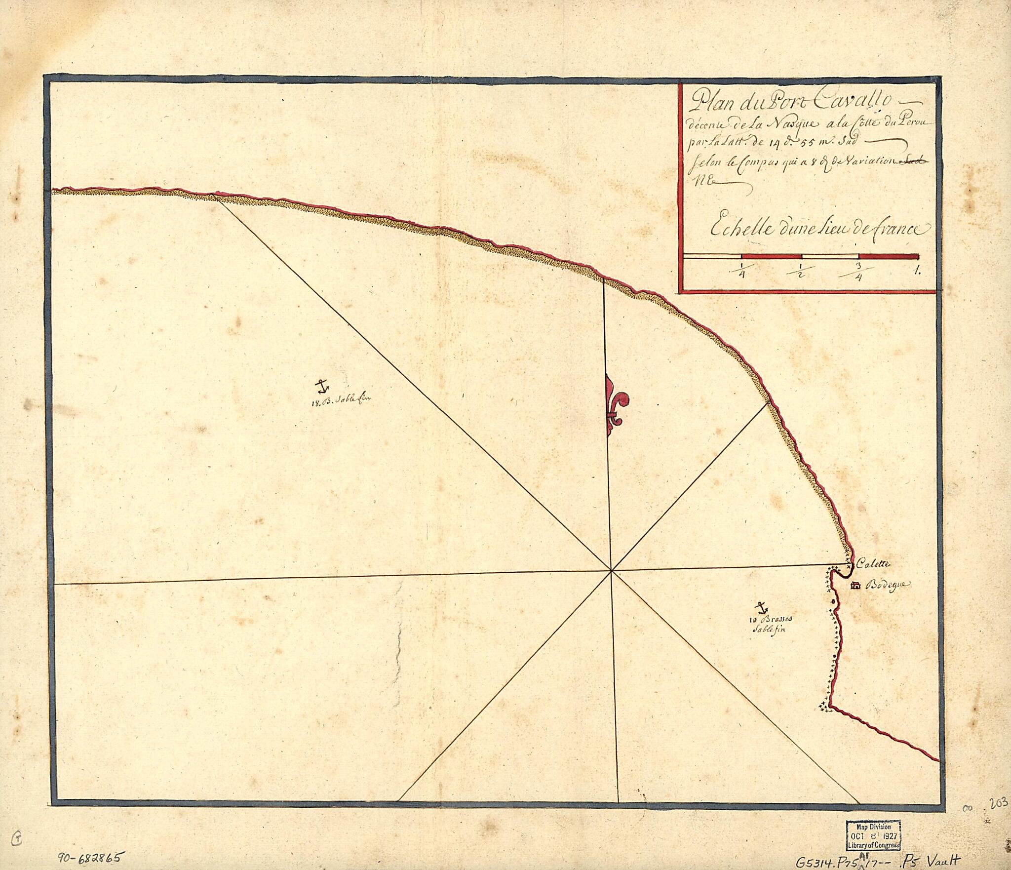 This old map of Plan Du Port Cavallo, Décente De La Nasque à La Côtte Du Perou Par La Latt. De 14 D. 55 M. Sud, Selon Le Compas Qui à 8 D. De Naviation NE from 1700 was created by in 1700