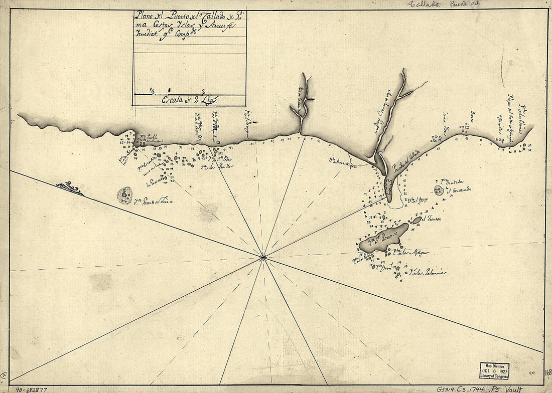 This old map of Plano Del Puerto Del Callado De Lima, Costas, Yslas Y Arrecifes Ymediats. Qe. Compde from 1744 was created by in 1744