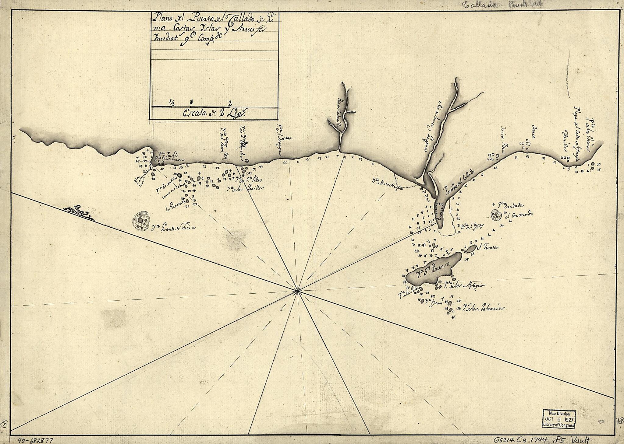 This old map of Plano Del Puerto Del Callado De Lima, Costas, Yslas Y Arrecifes Ymediats. Qe. Compde from 1744 was created by in 1744