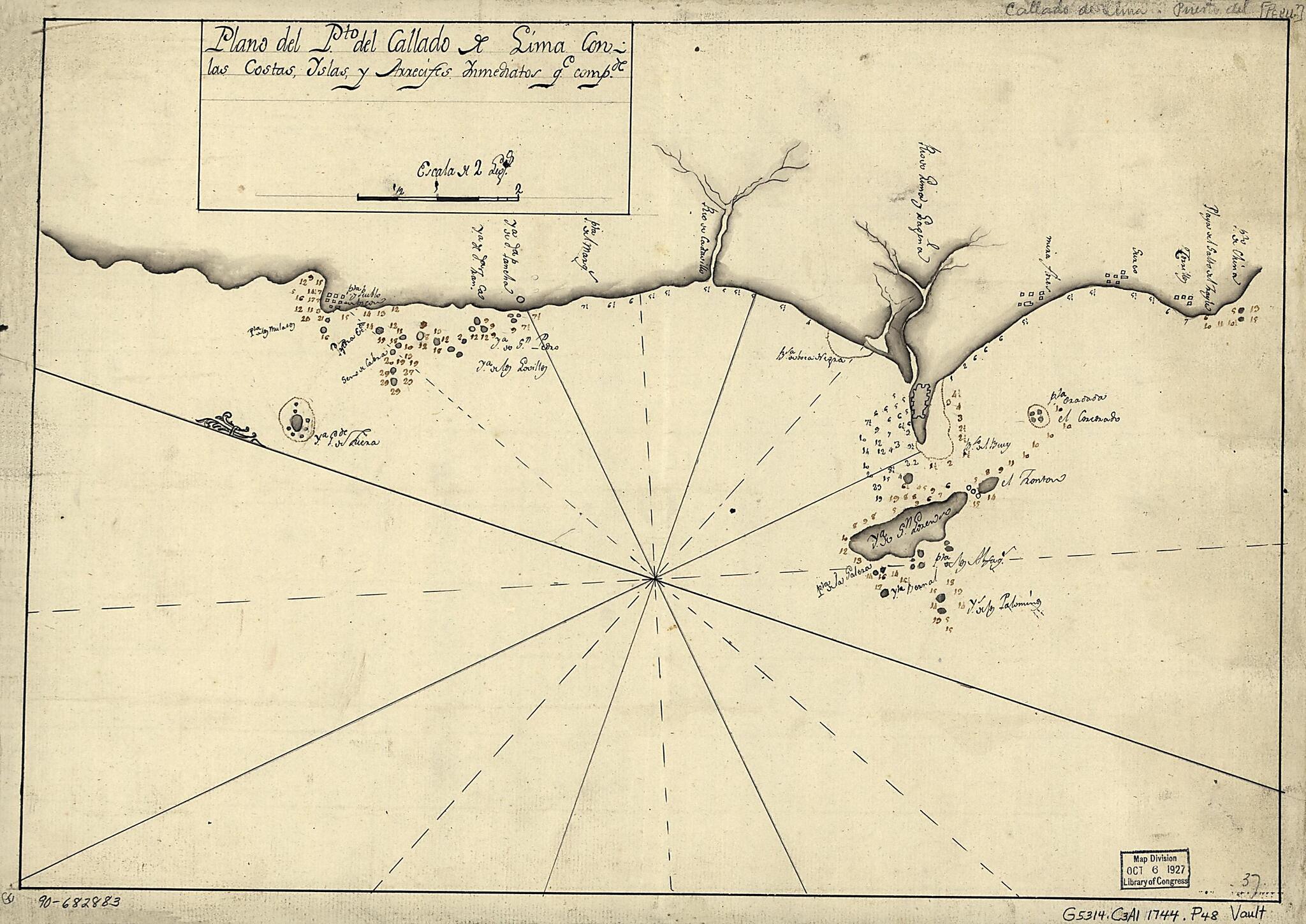 This old map of Plano Del Pto. Del Callado De Lima Con Las Costas, Yslas Y Arrecifes Ynmediatos Qe. Compde from 1744 was created by in 1744