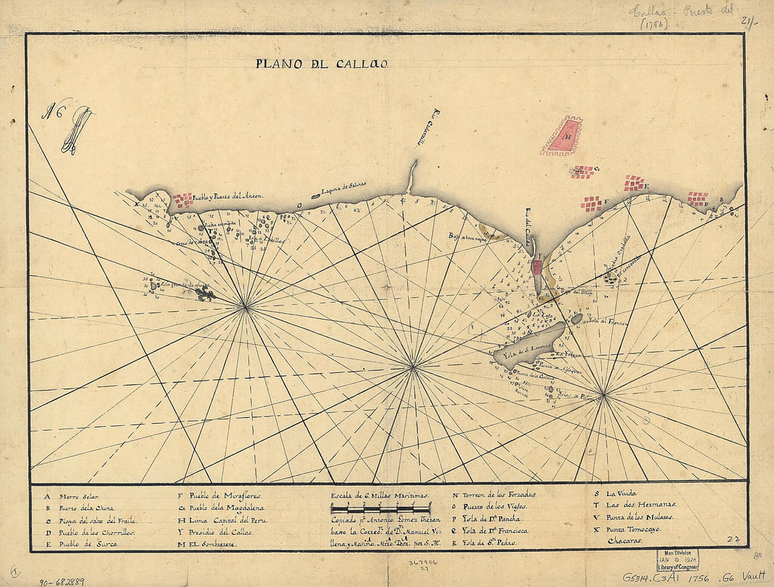 This old map of Plano Del Callao from 1756 was created by Antonio Gómez Ureran in 1756