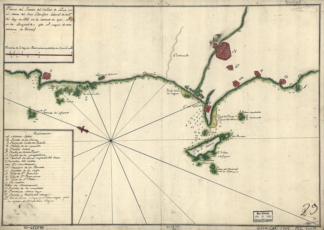 This old map of Plano Del Puerto Del Callao De Lima En El Mar Del Sur O Pacífico Lebanto. De Ordn. Del Rey En from 1744 En La Latitud De blank Gros blank Ms. Y En La Longitud De O blank Gros blank Ms. Segun El Meridiano De Tenerif was created by in 174