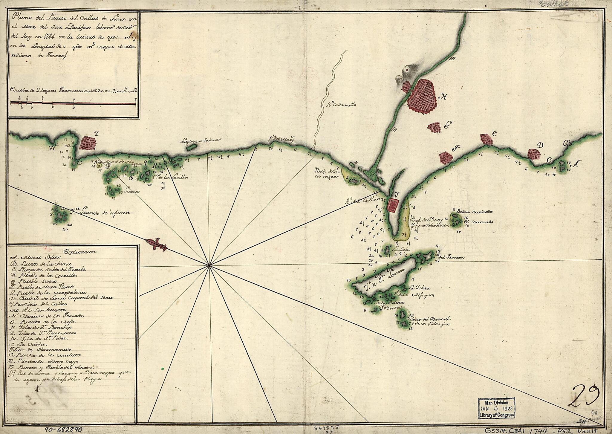 This old map of Plano Del Puerto Del Callao De Lima En El Mar Del Sur O Pacífico Lebanto. De Ordn. Del Rey En from 1744 En La Latitud De blank Gros blank Ms. Y En La Longitud De O blank Gros blank Ms. Segun El Meridiano De Tenerif was created by in 174