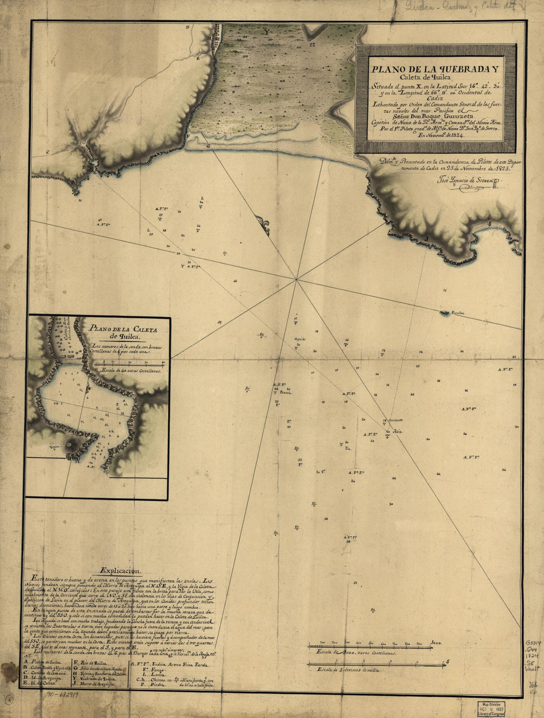 This old map of Plano De La Quebrada Y Caleta De Quilca, Situado El Punto X En La Latitud Sur 16⁰42ʹ30ʹ sic Y En La Longitud De 66⁰11ʹ00ʺ Ocidental De Cádiz from 1824 was created by José Ygnacio De Sierra in 1824