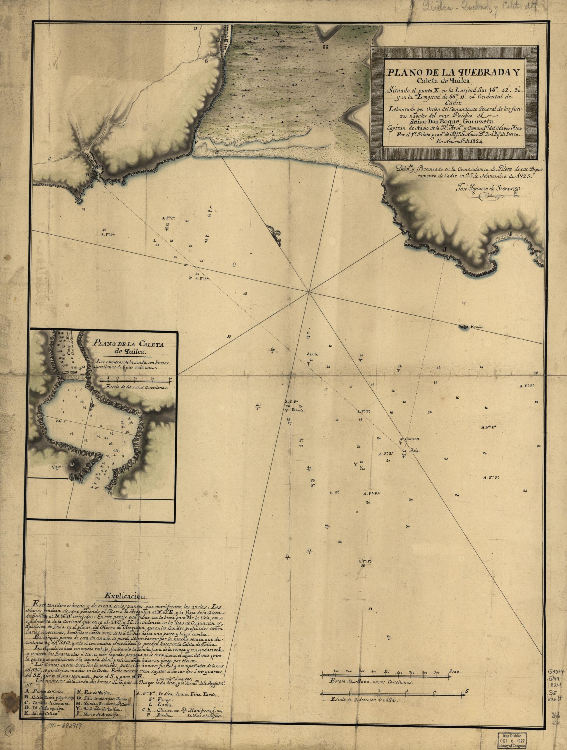 This old map of Plano De La Quebrada Y Caleta De Quilca, Situado El Punto X En La Latitud Sur 16⁰42ʹ30ʹ sic Y En La Longitud De 66⁰11ʹ00ʺ Ocidental De Cádiz from 1824 was created by José Ygnacio De Sierra in 1824