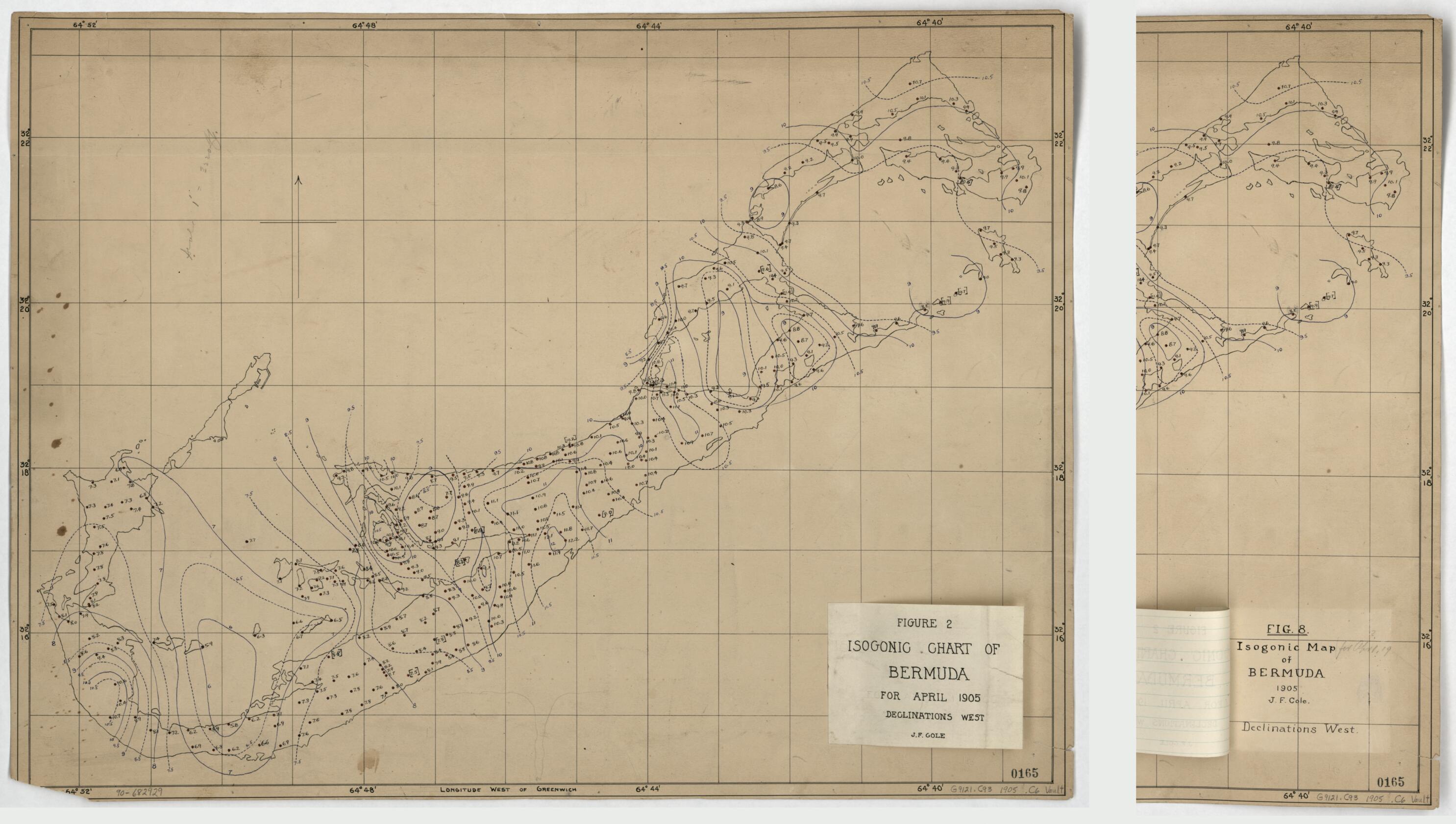 This old map of Isogonic Chart of Bermuda for April from 1905, Declinations West was created by Carnegie Institution of Washington. Department of Terrestrial Magnetism, J. F. Cole in 1905