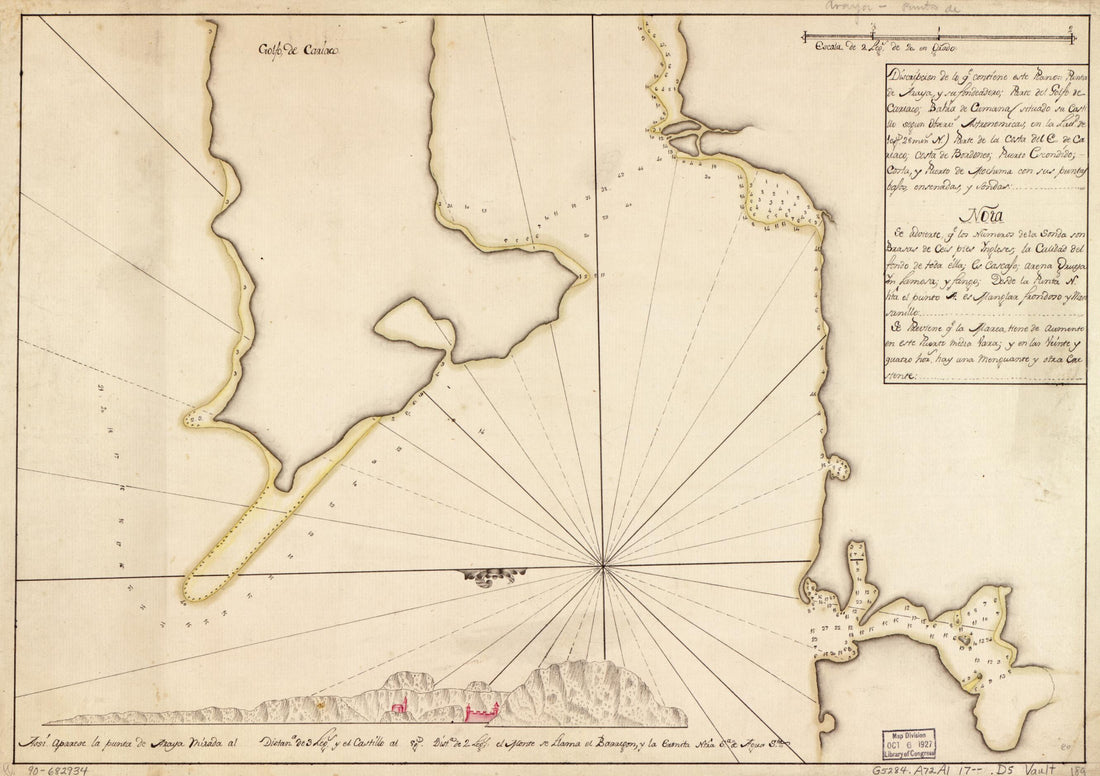 This old map of Discripción De Lo Qe. Contiene Este Plano Punta De Araya Y Su Fondeadero, Parte Del Golfo De Cariaco, Bahía De Cumana (situado Su Castillo Segun Observs. Astronómicas, En La Lattd. De 10 Gs. 28 Mins. N.), Parte De La Costa Del E. De Ca