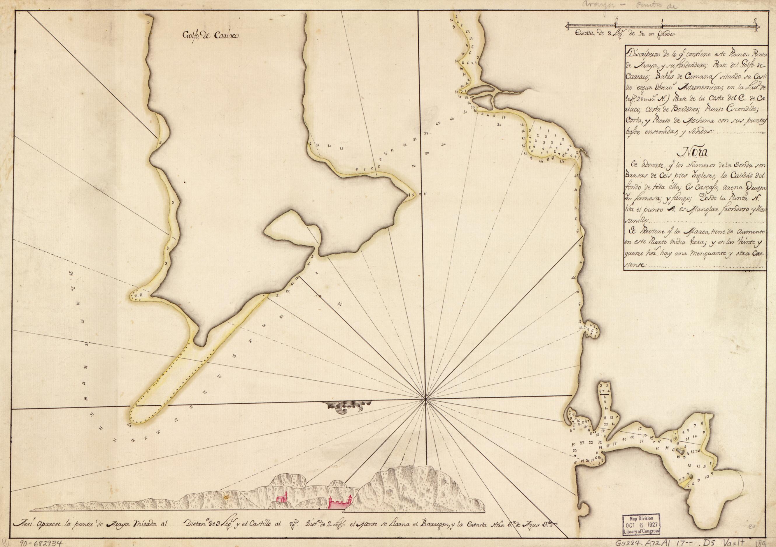 This old map of Discripción De Lo Qe. Contiene Este Plano Punta De Araya Y Su Fondeadero, Parte Del Golfo De Cariaco, Bahía De Cumana (situado Su Castillo Segun Observs. Astronómicas, En La Lattd. De 10 Gs. 28 Mins. N.), Parte De La Costa Del E. De Ca