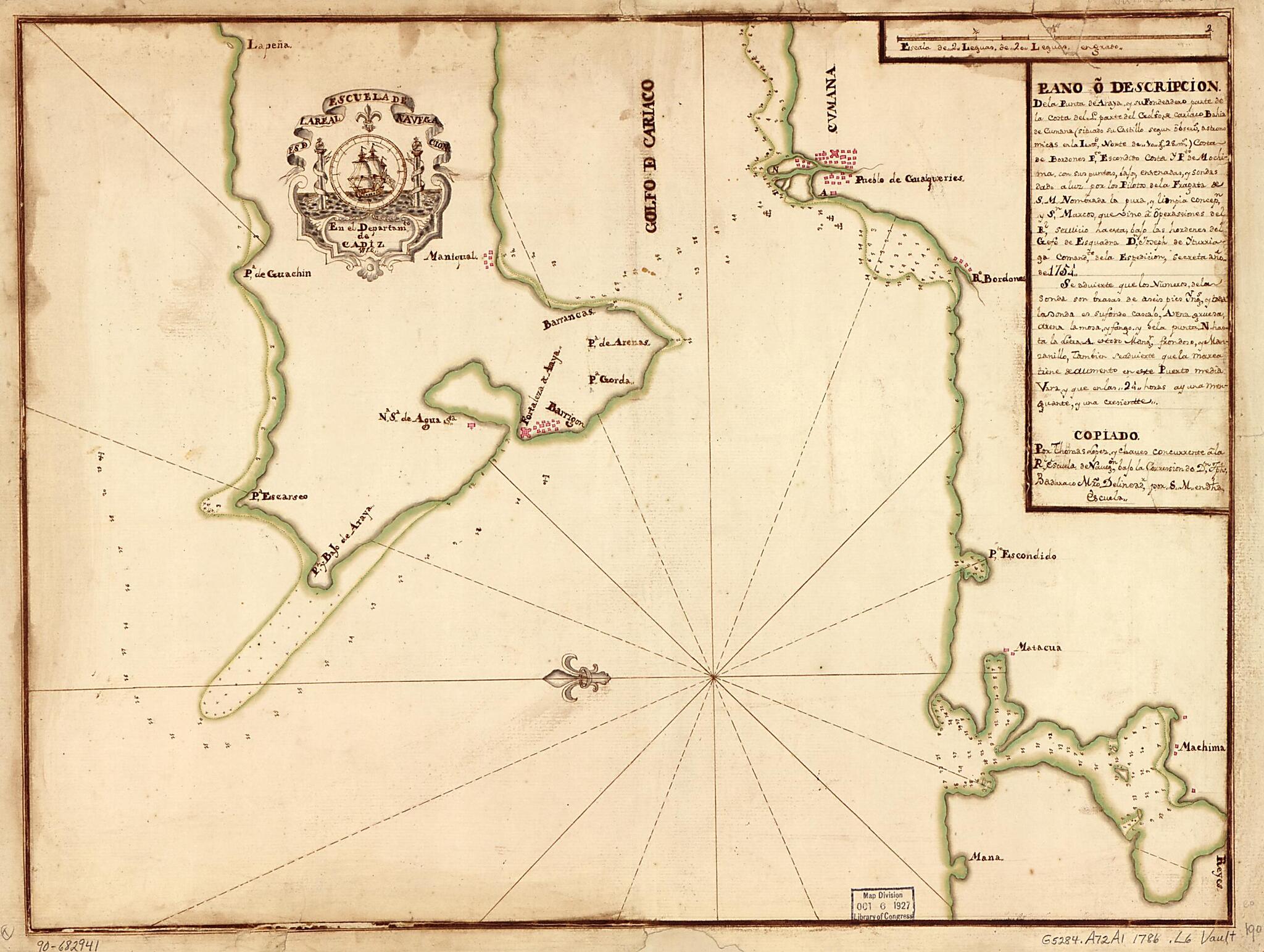 This old map of Plano O Descripción De La Punta De Araya Y Su Fondeadero, Parte De La Costa Del L, Parte Del Golfo De Cariaco, Bahía De Cumana (situado Su Castillo Segun Observs. Astronómicas En La Lattd. Norte De 10 Gs. 28 Ms.), Costa De Bordones, Pt