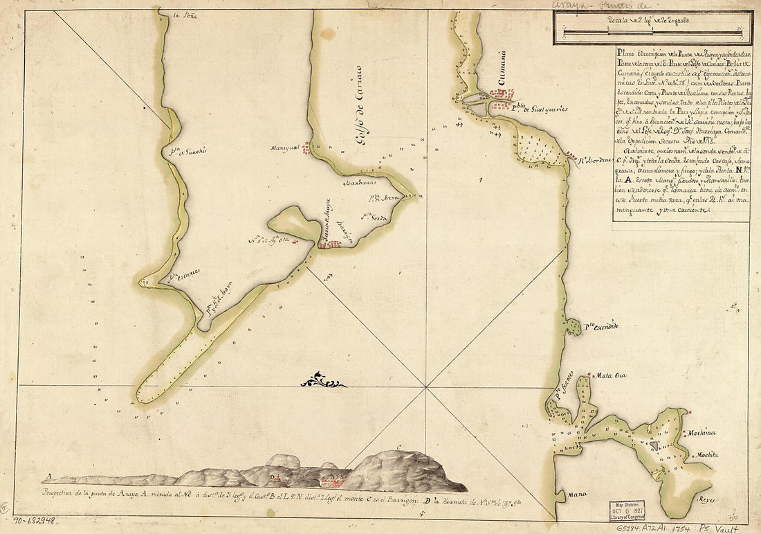 This old map of Plano O Descripción De La Punta De Araya Y Su Fondeadero, Parte De La Costa Del E. Parte Del Golfo De Cariaco, Bahía De Cumana (cituado Su Castillo Segn. Observación Astronómicas En Lattd. N. De 10⁰28ʹ), Costa De Bordones, Puerto E