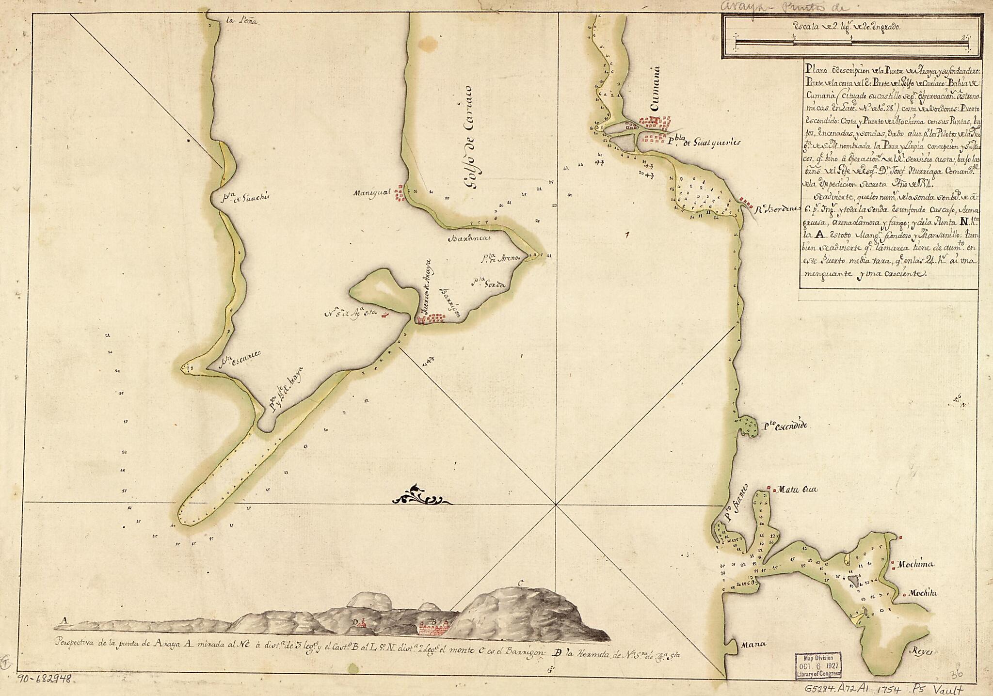 This old map of Plano O Descripción De La Punta De Araya Y Su Fondeadero, Parte De La Costa Del E. Parte Del Golfo De Cariaco, Bahía De Cumana (cituado Su Castillo Segn. Observación Astronómicas En Lattd. N. De 10⁰28ʹ), Costa De Bordones, Puerto E