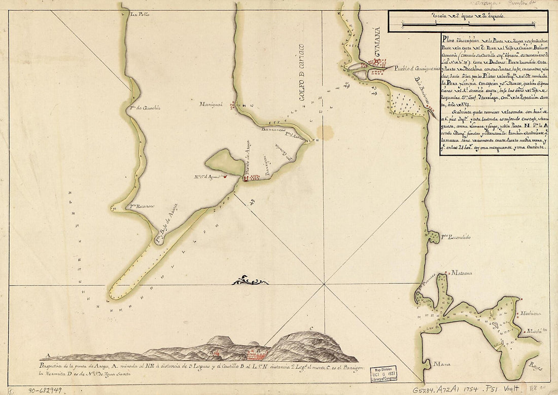 This old map of Plano O Descripción De La Punta De Araya Y Su Fondeadero, Parte De La Costa Del E., Parte Del Golfo De Cariaco, Bahía De Cumana (cituado Su Castillo Segn. Observos. Astronómicas En Lattd. N. De 10⁰28ʹ), Costa De Bordones, Puerto Esc