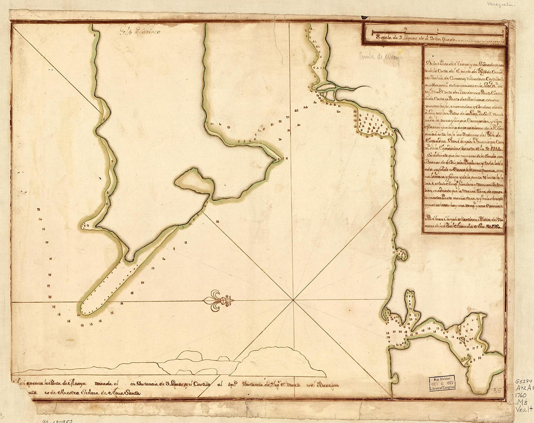 This old map of De La Punta De Araya Y Su Fondeadero, Parte De La Costa Del E., Parte Del Golfo De Cariaco, Bahía De Cumana (cituado Su Castillo Segun Observzs. Astronómicas En La Lattd. Nte. De 10 Gs. 28 Ms.), Costa De Bordones, Puerto Escondido, Cost