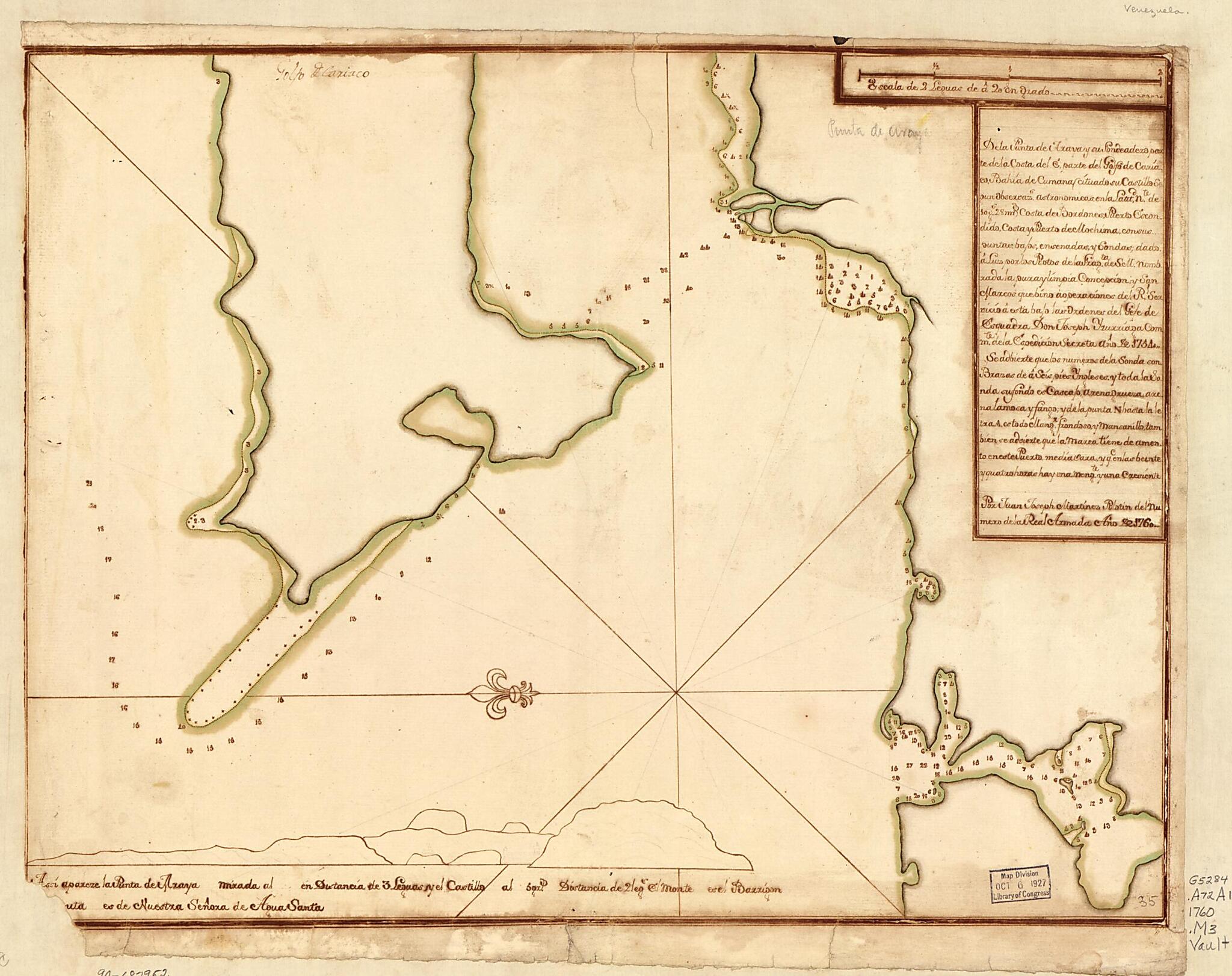 This old map of De La Punta De Araya Y Su Fondeadero, Parte De La Costa Del E., Parte Del Golfo De Cariaco, Bahía De Cumana (cituado Su Castillo Segun Observzs. Astronómicas En La Lattd. Nte. De 10 Gs. 28 Ms.), Costa De Bordones, Puerto Escondido, Cost