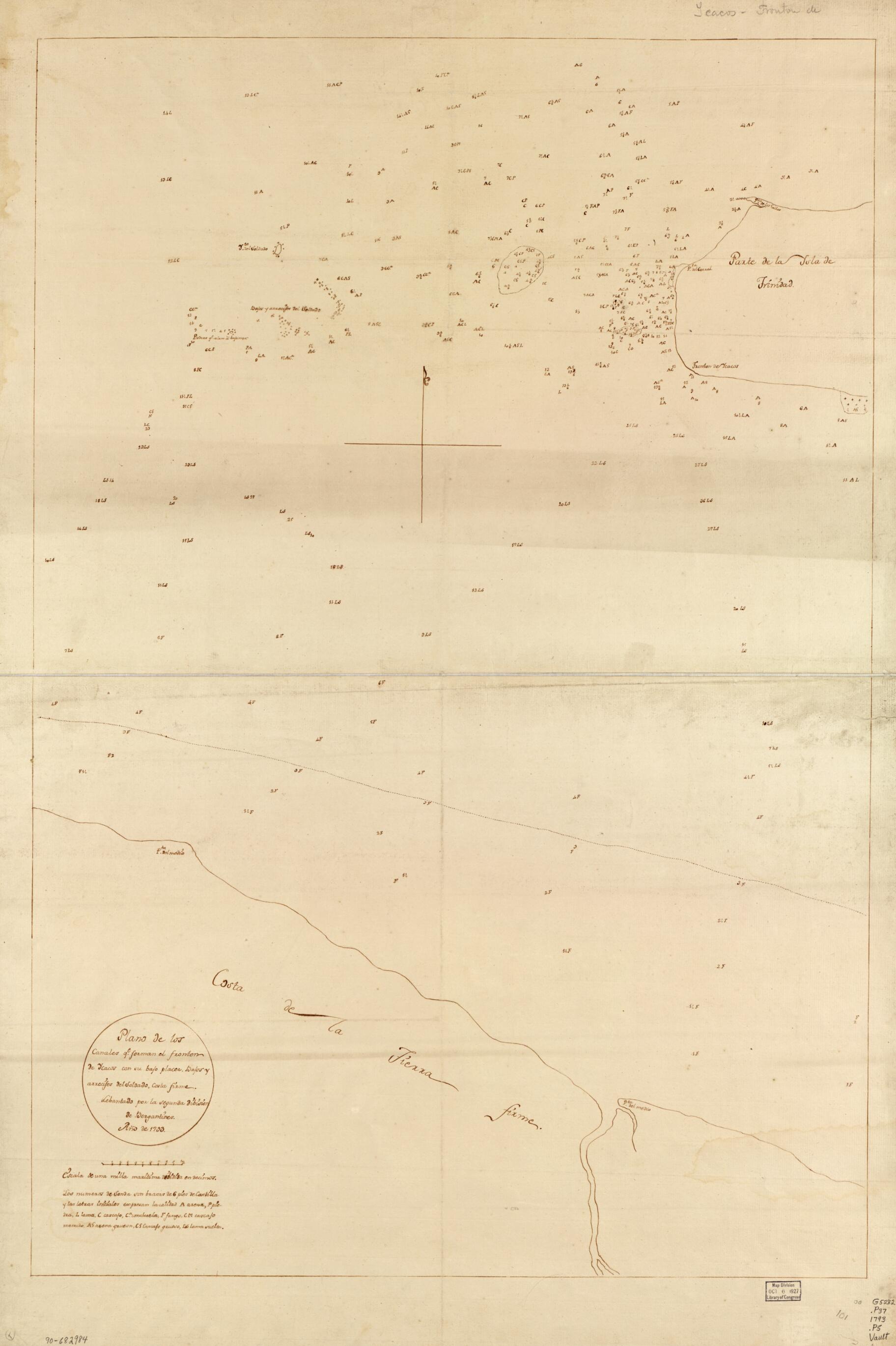 This old map of Plano De Los Canales Qe. Forman El Fronton De Ycacos Con Su Bajo Placer, Bajos Y Arrecifes Del Soldado, Costa Firme from 1793 was created by in 1793