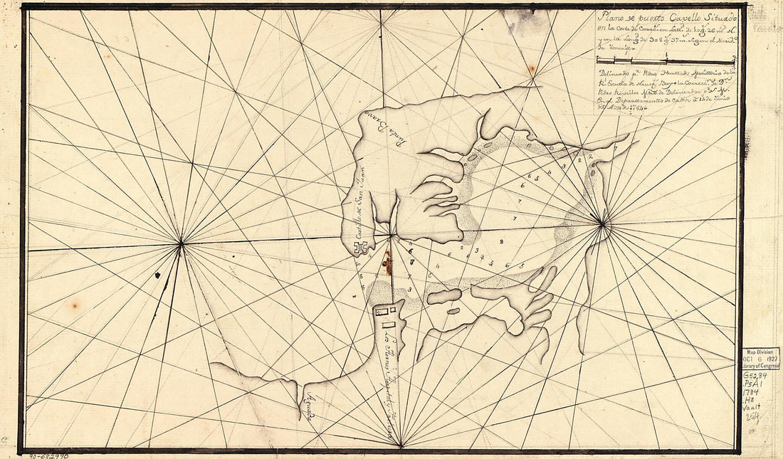 This old map of Plano De Puerto Cavello Situado En La Costa De Caracs. En Lattd. De 10 Gs. 26 Ms. N. Y En La Longd. De 308 Gs. 37 Ms. Segun El Merido. De Tenerife from 1784 was created by Pedro Hunttado Merittonis, Spain) Real Escuela De Navegación (Cá
