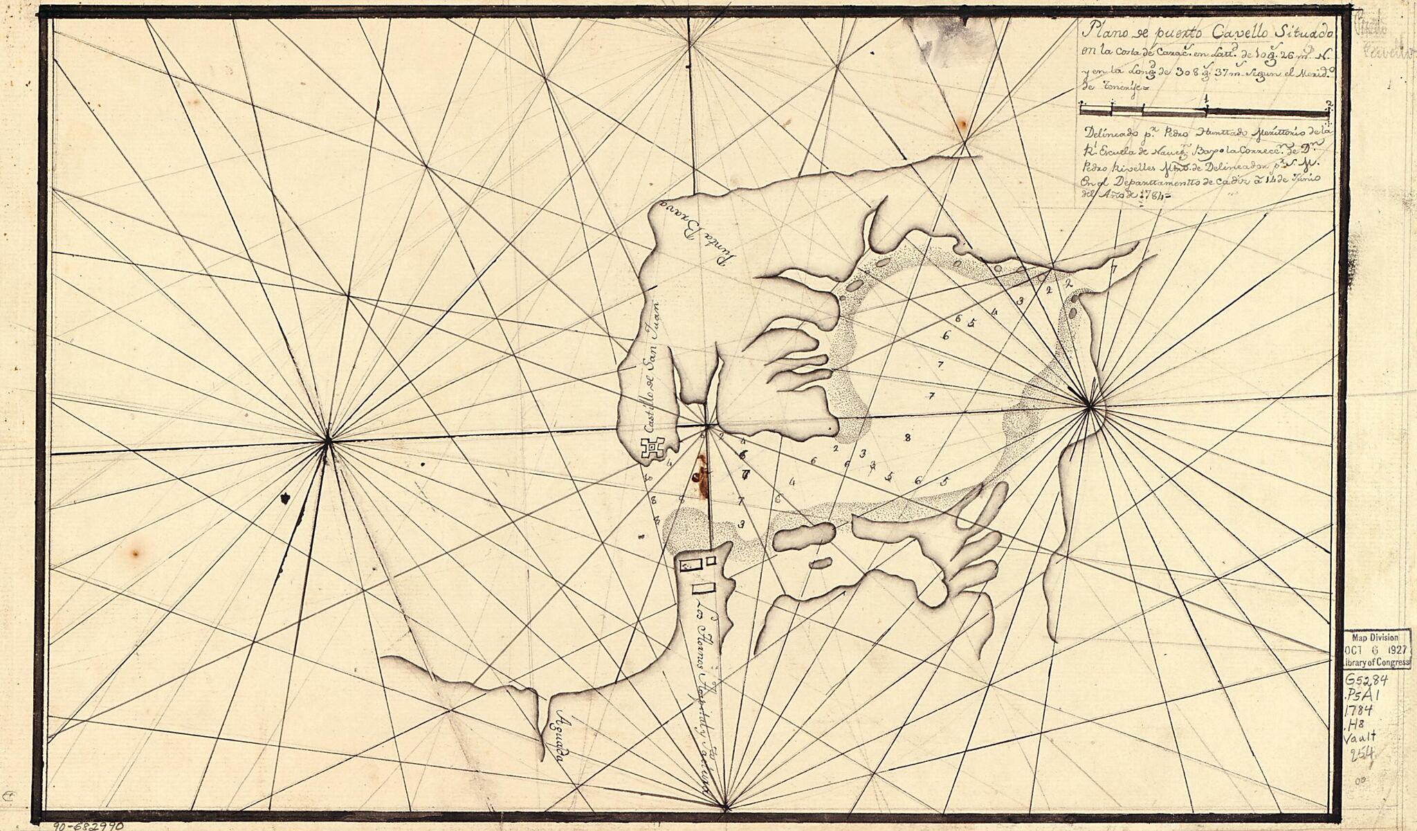 This old map of Plano De Puerto Cavello Situado En La Costa De Caracs. En Lattd. De 10 Gs. 26 Ms. N. Y En La Longd. De 308 Gs. 37 Ms. Segun El Merido. De Tenerife from 1784 was created by Pedro Hunttado Merittonis, Spain) Real Escuela De Navegación (Cá