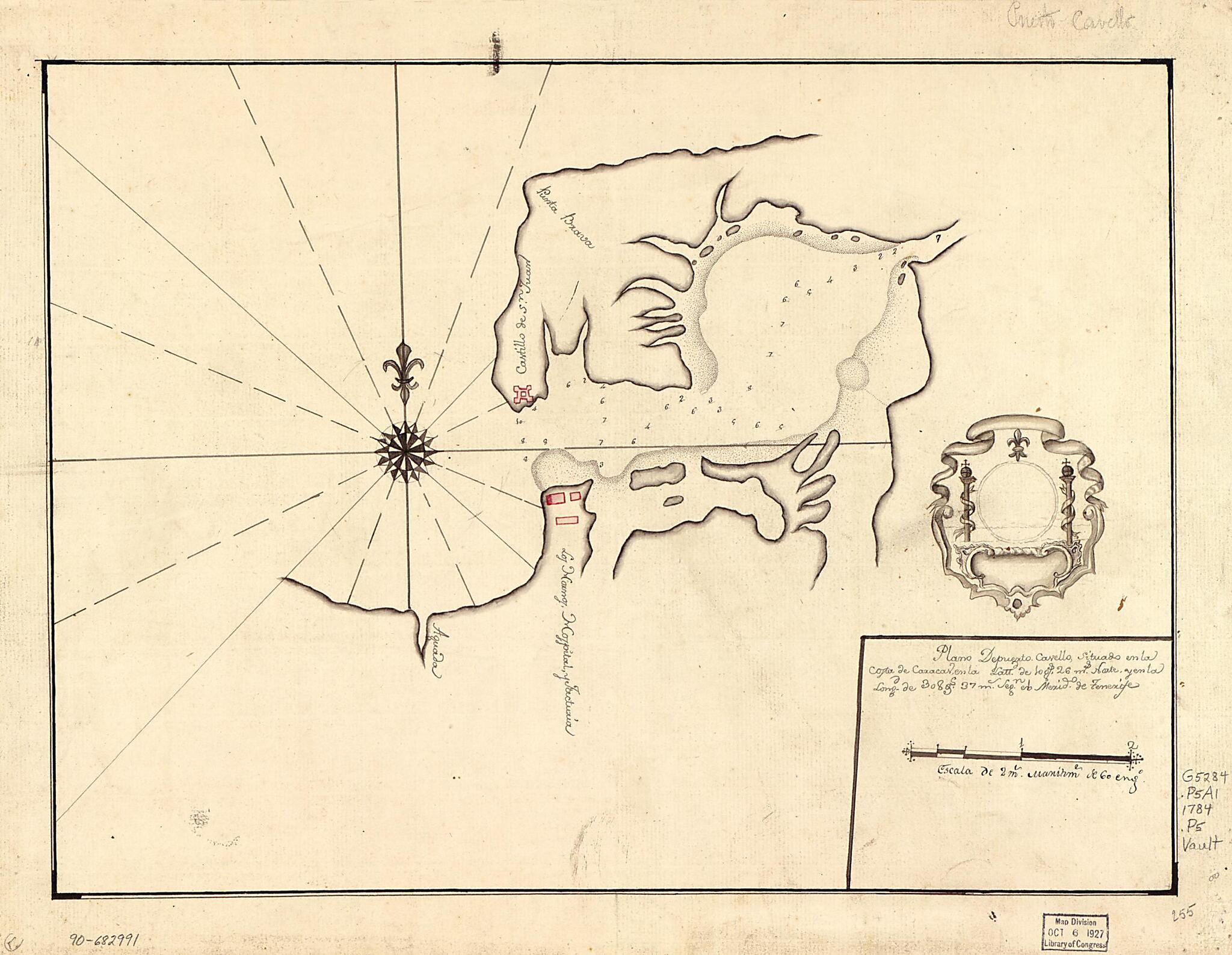 This old map of Plano De Puerto Cavello Situado En La Costa De Caracas En La Lattd. De 10 Gs. 26 Ms. Norte Y En La Longd. De 308 Gs. 37 Ms. Segn. El Merido. De Tenerife from 1784 was created by in 1784