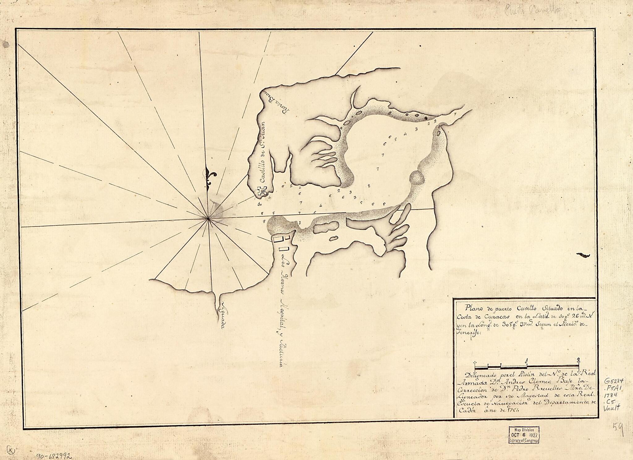 This old map of Plano De Puerto Cavello Situado En La Costa De Caracas En La Latitd. De 10 Gs. 26 Ms. N. Y En La Longd. De 308 Gs. 37 Ms. Segun El Merido. De Tenerife from 1784 was created by Andres Clemes, Spain) Real Escuela De Navegación (Cádiz in 1