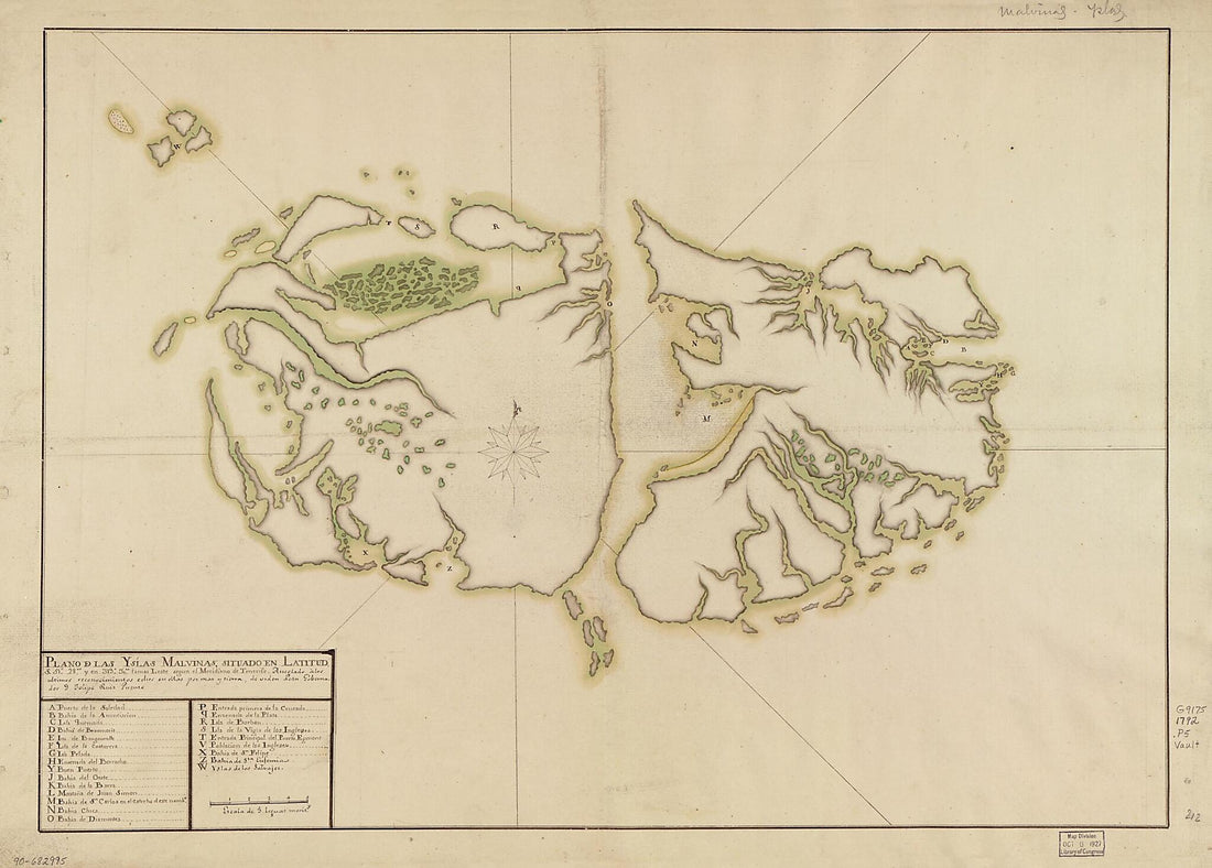 This old map of Plano De Las Yslas Malvinas, Situado En Latitud S. 51⁰ 28⁰⁰ ? Y En 319⁰ 30ʺ ? Lamas Leste Segun El Meridiano De Tenerife, Arreglado a Los Ultimos Reconocimientos Edios En Ellas Por Mar Y Tierra, De Orden De Su Gobernador D. Felip